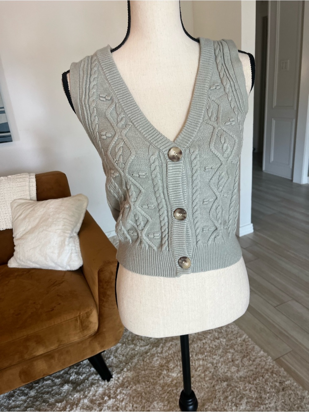 Sage green cable knit button up sweater vest